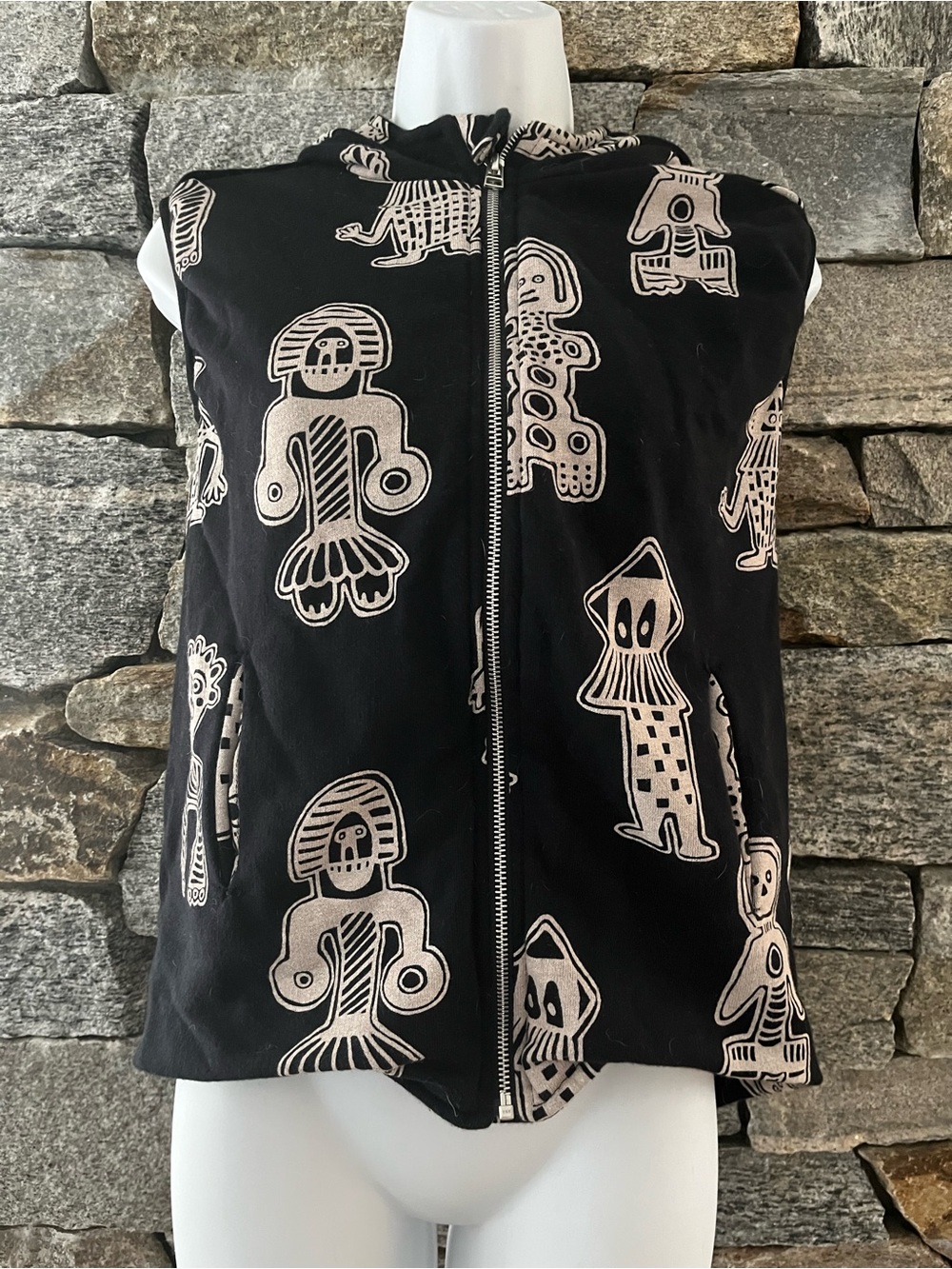 nununu Black Hoodie Vest with Cream Graphic Figures